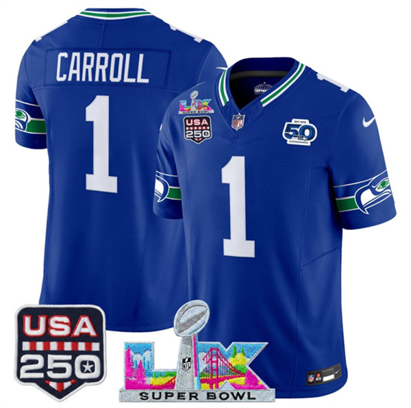 Seattle Seahawks #1 Pete Carroll Royal 2025 F.U.S.E. Super Bowl LX Patch And 50th Season USA 250' Patch Vapor Throwback Limited Stitched Jersey