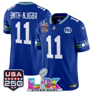 Seattle Seahawks #11 Jaxon Smith-Njigba Royal 2025 F.U.S.E. Super Bowl LX Patch And 50th Season USA 250' Patch Vapor Throwback Limited Stitched Jersey