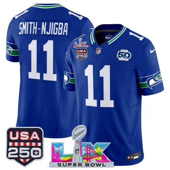 Seattle Seahawks #11 Jaxon Smith-Njigba Royal 2025 F.U.S.E. Super Bowl LX Patch And 50th Season USA 250' Patch Vapor Throwback Limited Stitched Jersey
