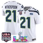 Seattle Seahawks #21 Devon Witherspoon White 2025 F.U.S.E. Super Bowl LX Patch And 50th Season USA 250' Patch Vapor Limited Stitched Jersey
