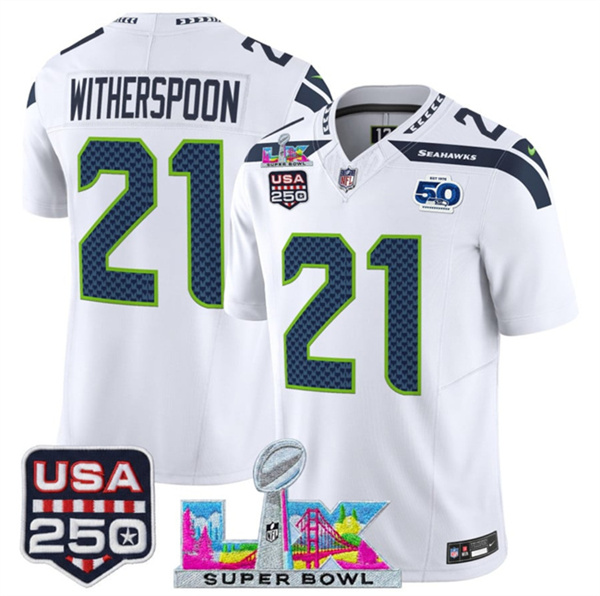 Seattle Seahawks #21 Devon Witherspoon White 2025 F.U.S.E. Super Bowl LX Patch And 50th Season USA 250' Patch Vapor Limited Stitched Jersey