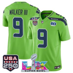 Seattle Seahawks #9 Kenneth Walker III Green 2025 F.U.S.E. Super Bowl LX Patch And 50th Season USA 250' Patch Vapor Limited Stitched Jersey