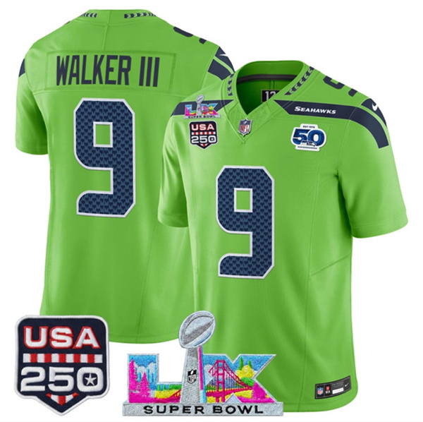 Seattle Seahawks #9 Kenneth Walker III Green 2025 F.U.S.E. Super Bowl LX Patch And 50th Season USA 250' Patch Vapor Limited Stitched Jersey