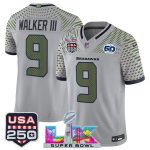 Seattle Seahawks #9 Kenneth Walker III Gray 2025 F.U.S.E. Super Bowl LX US 250th anniversary Patch And 50th Season Patch ¡°Rivalries¡± Vapor Limited Stitched Jersey