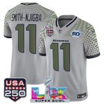 Seattle Seahawks #11 Jaxon Smith-Njigba Gray 2025 F.U.S.E. Super Bowl LX US 250th anniversary Patch And 50th Season Patch ¡°Rivalries¡± Vapor Limited Stitched Jersey