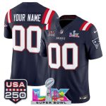 New England Patriots Custom Navy 2025 F.U.S.E. Super Bowl LX USA 250' Patch Vapor Limited Stitched Jersey