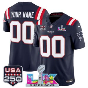 New England Patriots Custom Navy 2025 F.U.S.E. Super Bowl LX USA 250' Patch Vapor Limited Stitched Jersey