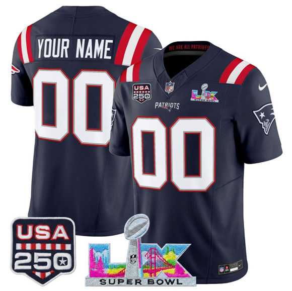 New England Patriots Custom Navy 2025 F.U.S.E. Super Bowl LX USA 250' Patch Vapor Limited Stitched Jersey