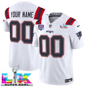 New England Patriots Custom White 2025 F.U.S.E. Super Bowl LX USA 250' Patch Vapor Limited Stitched Jersey