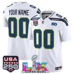 Seattle Seahawks Custom White 2025 F.U.S.E. Super Bowl LX US 250th anniversary Patch And 50th Season Patch Vapor Limited Stitched Jersey