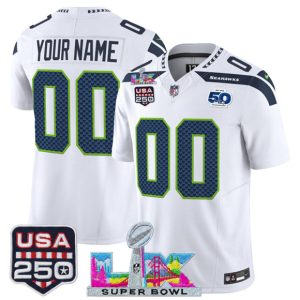 Seattle Seahawks Custom White 2025 F.U.S.E. Super Bowl LX US 250th anniversary Patch And 50th Season Patch Vapor Limited Stitched Jersey