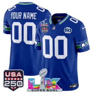 Seattle Seahawks Custom Royal 2025 F.U.S.E. Super Bowl LX US 250th anniversary Patch And 50th Season Patch Vapor Throwback Limited Stitched Jersey