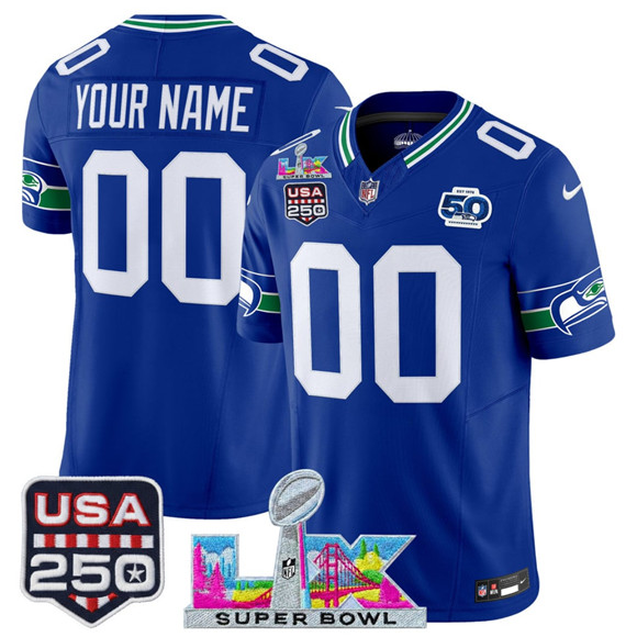 Seattle Seahawks Custom Royal 2025 F.U.S.E. Super Bowl LX US 250th anniversary Patch And 50th Season Patch Vapor Throwback Limited Stitched Jersey