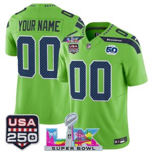 Seattle Seahawks Custom Green 2025 F.U.S.E. Super Bowl LX US 250th anniversary Patch And 50th Season Patch Vapor Limited Stitched Jersey