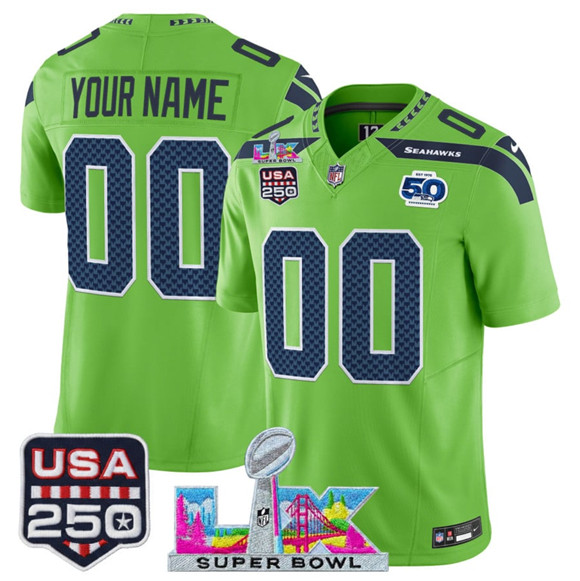 Seattle Seahawks Custom Green 2025 F.U.S.E. Super Bowl LX US 250th anniversary Patch And 50th Season Patch Vapor Limited Stitched Jersey