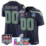 Seattle Seahawks Custom Navy 2025 F.U.S.E. Super Bowl LX Patch 50th Season USA 250' Patch Vapor Limited Stitched Jersey