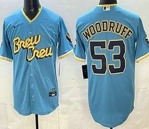 Milwaukee Brewers #53 Brandon Woodruff Powder Blue 2022 City Connect Cool Base Jersey