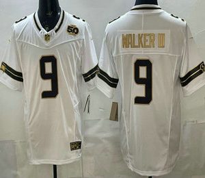 Seattle Seahawks #9 Kenneth Walker III White Gold FUSE 50th Season Patch Vapor Limited Stitched Jersey