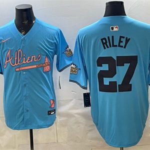 Atlanta Braves #27 Austin Riley Blue 2024 Atliens Peach With Outkast Patch Vapor Limited Stitched Jersey