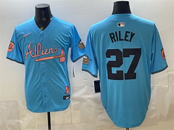 Atlanta Braves #27 Austin Riley Blue 2024 Atliens Peach With Outkast Patch Vapor Limited Stitched Jersey