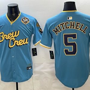 Milwaukee Brewers #5 Garrett Mitchell Powder Blue City Connect With Home Bob Uecker Patch Limited Stitched Jersey