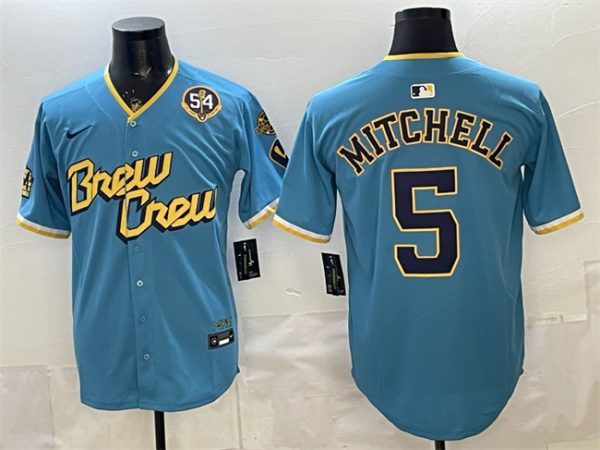 Milwaukee Brewers #5 Garrett Mitchell Powder Blue City Connect With Home Bob Uecker Patch Limited Stitched Jersey