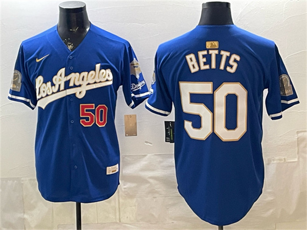 Los Angeles Dodgers #50 Mookie Betts Royal 2026 Gold Collection 9x B2B Champs Patch Stitched Jersey