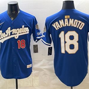 Los Angeles Dodgers #18 Yoshinobu Yamamoto Royal 2026 Gold Collection 9x B2B Champs Patch Stitched Jersey