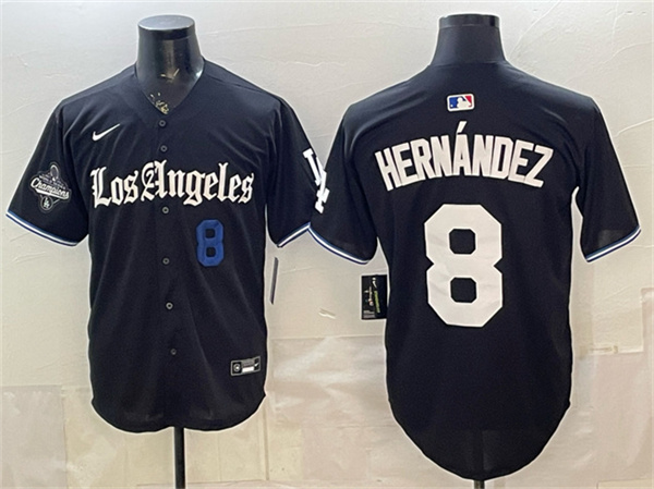 Los Angeles Dodgers #8 Enrique Hern¨¢ndez Black 2025 World Series Champions Patch 'Gothic Edition' Vapor Premier Limited Stitched Jersey