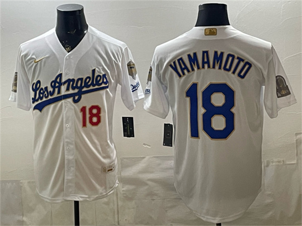 Los Angeles Dodgers #18 Yoshinobu Yamamoto White 2026 Gold Collection 9x B2B Champs Patch Stitched Jersey