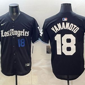 Los Angeles Dodgers #18 Yoshinobu Yamamoto Black 2025 World Series Champions Patch 'Gothic Edition' Vapor Premier Limited Stitched Jersey