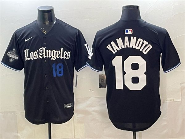 Los Angeles Dodgers #18 Yoshinobu Yamamoto Black 2025 World Series Champions Patch 'Gothic Edition' Vapor Premier Limited Stitched Jersey